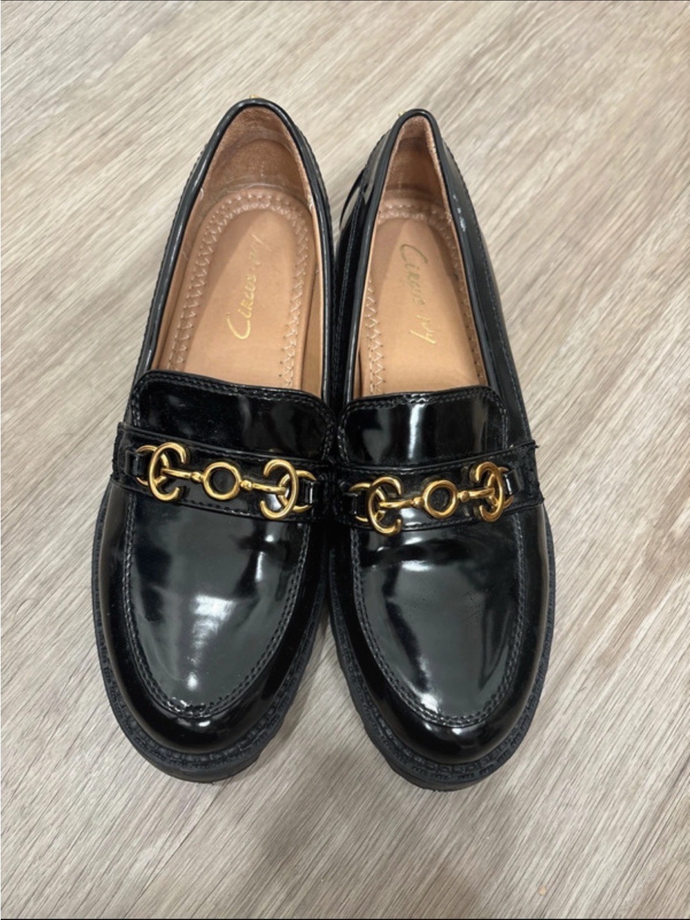 Circus by Sam Edelman Black Patent Loafers with Gold Chain Accent
